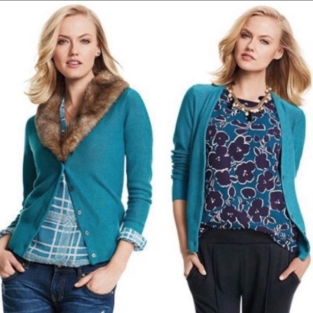 CAbi Blue Cardigan Removable Fur Collar Sweater Women’s Sz Small‎ #3018